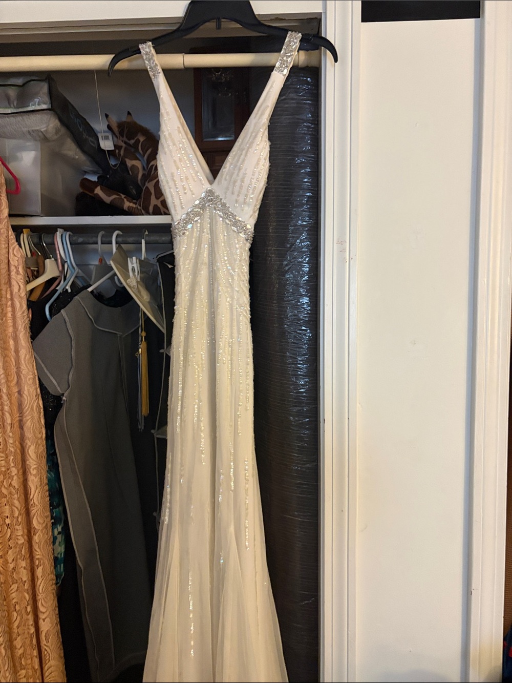Ivory Beaded V-Neck Evening Gown
